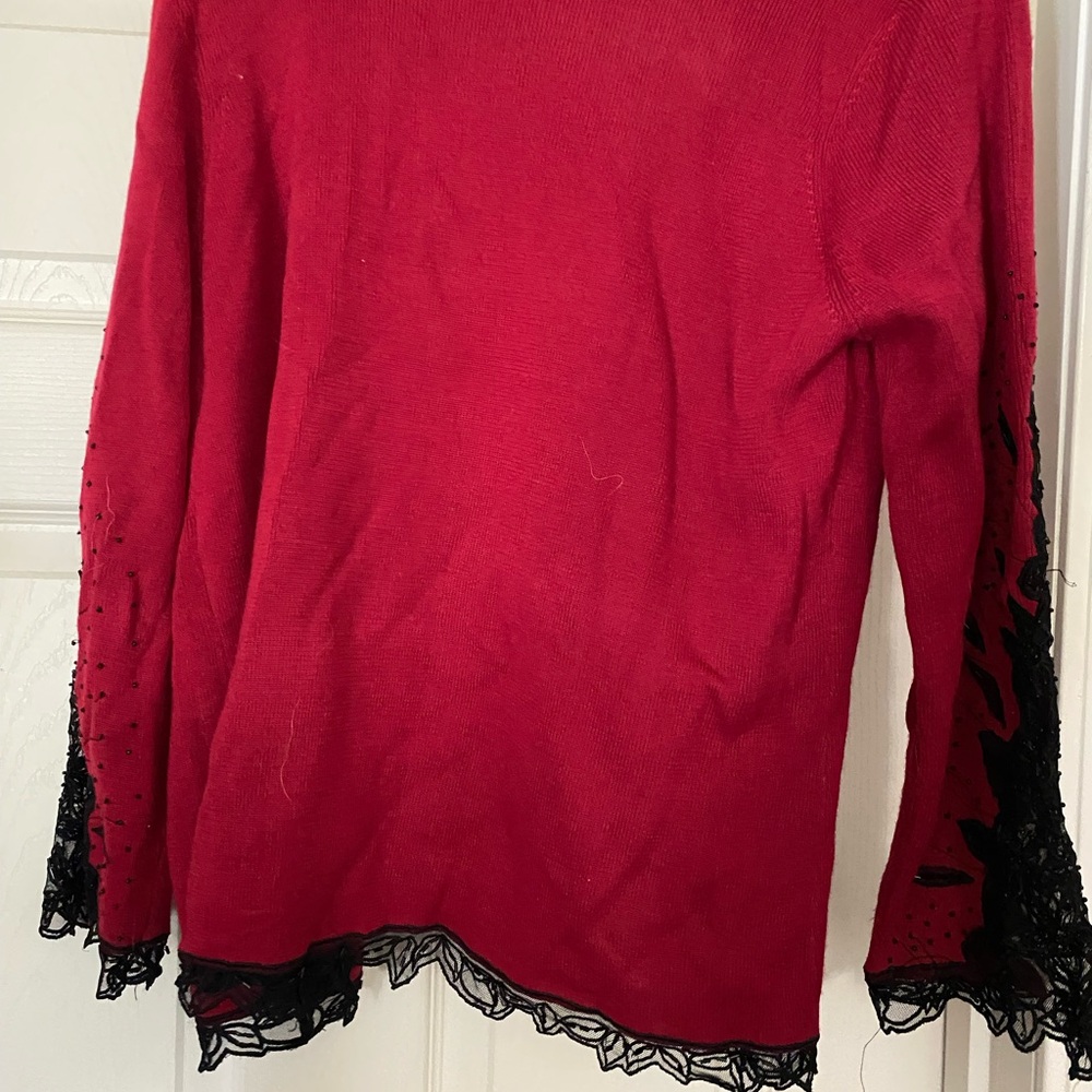 Red Women's Cardigan Sweater with Black Lace Trim